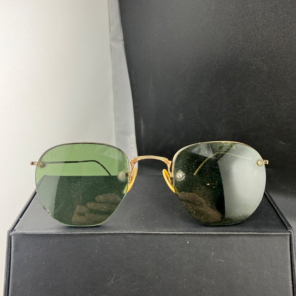 Vintage Ray-Ban Sunglasses Gold Filled Wire Frame Green Lens Rimless 4.5"